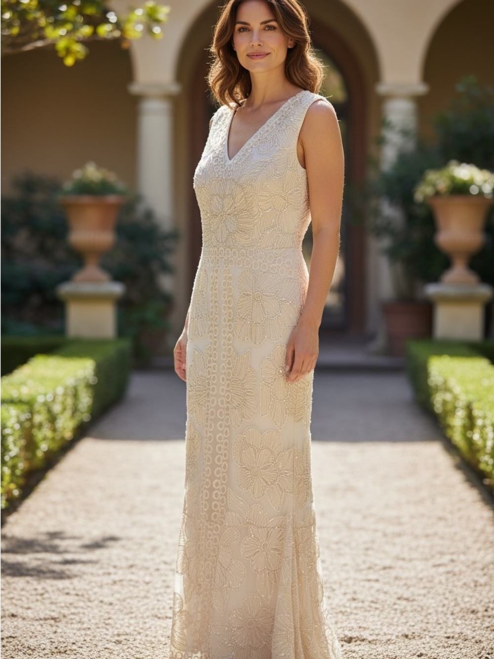 JS Collections Ivory-Beaded V-Neck Maxi Dress